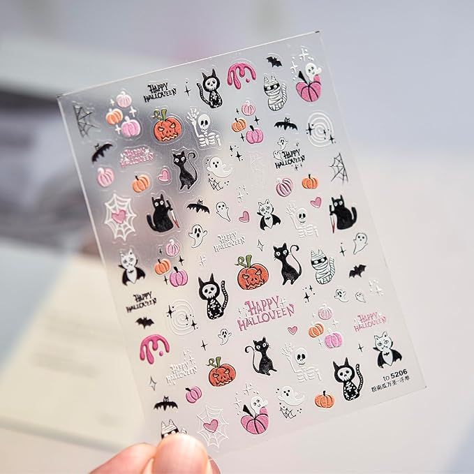 Halloween Nail Art Stickers Decals 5D Embossed Pumpkin Black Cat Nail Decals 1PCS Ghost Bat Skeleton Spider Web Cute Halloween Nails Design Adhesive Sliders for Holiday Manicure Nail Art Decorations