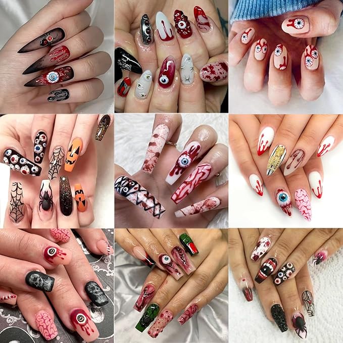 1 Sheets Halloween Nail Stickers for Nail Art 5D Embossed Nail Art Stickers Horror Blood Eye Flower Design Sticker Gothic Nail Decals Nail Art Supplies for Women Acrylic Nail Decorations