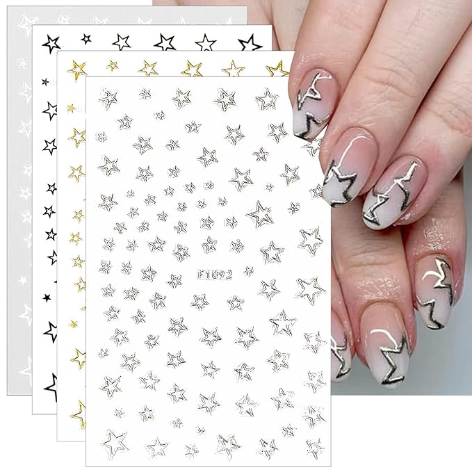 8Pcs Star Nail Stickers for Nail Art, 4 Color Star Nail Decals 3D Glitter Shiny Gold Silver White Black Stars Nail Designs Foil Transfer Sticker Pentagram Tip Slider DIY Manicure Decor Supplies