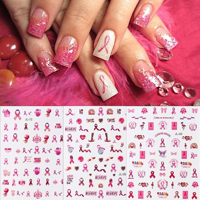 Pink Ribbon Breast Cancer Awareness Nail Stickers - 3D Self-Adhesive Pink Flower Angel Decals for Women & Girls (6Pcs)
