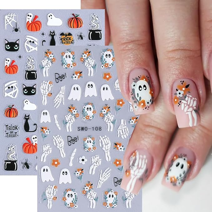 Halloween Nail Art Stickers Decals 3D Cute Ghost Black Cat Halloween Nail Stickers 4PCS Pumpkin Spider Web Skeleton Flower 3D Embossed Nail Decals Manicure Sliders for Women Nail Art Decorations