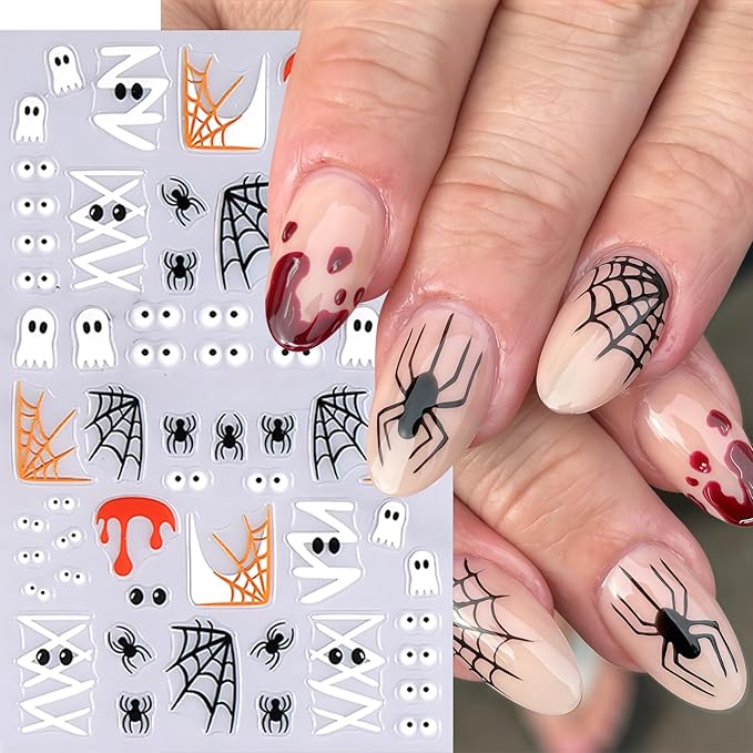 8 Sheets Cute Ghost Nail Stickers for Nail Art,5d Embossed Cute Ghost Nail Art Stickers Self Adhesive Pumpkin Spider Web Nail Decals Skeleton Flower Manicure Sliders for Women Nails Decorations