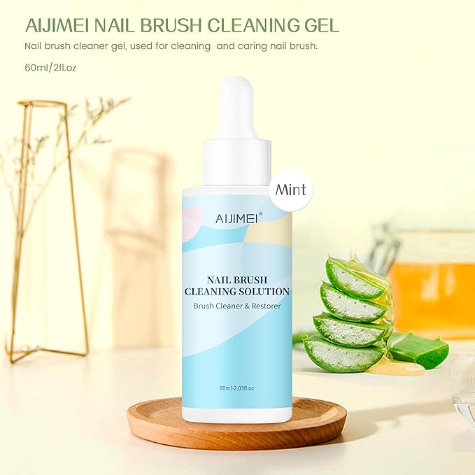 Aijimei Nail Brush Cleaner Gel Nail Art Brush Restorer Manicure Tool Professional Acrylic Brush for Home Salon Use (60ml/2fl.oz-Mint)