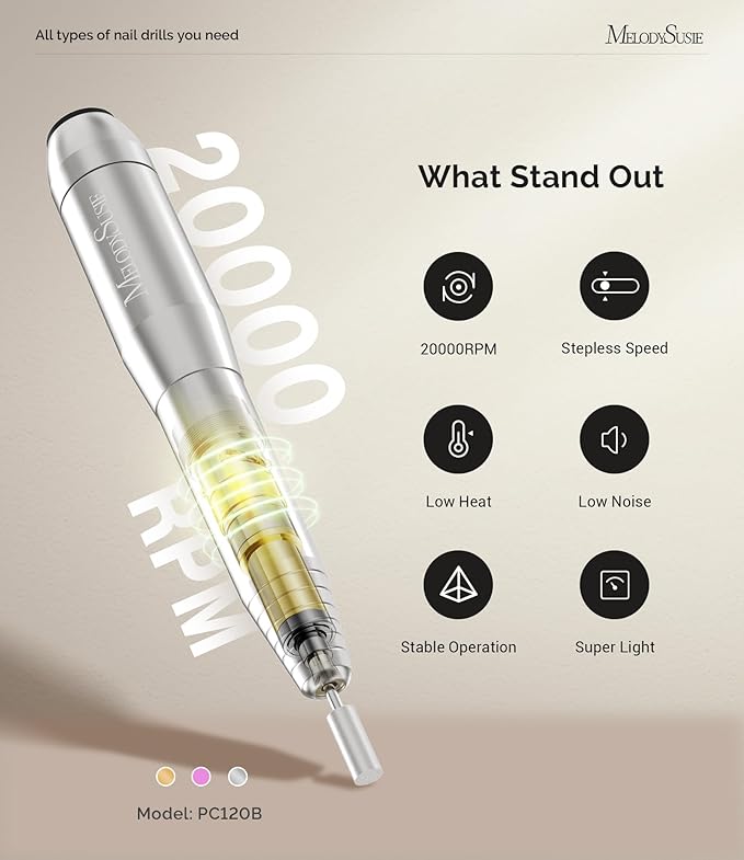 MelodySusie Pen-Shaped Portable Nail Drill with AC Adapter, PC120B 20000RPM Electric File with Compact Design for All Nail Care, Manicure Polishing, Shaping & Gel Removal at Home for Beginners
