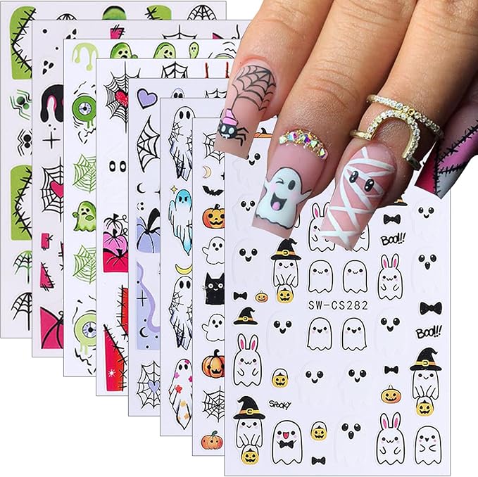 8Pcs Halloween Nail Stickers Cute Rabbit Ghost Nail Decals 3D Self Adhesive Pumpkin Spider Web Design Fall Nail Art Stickers Horror Ghost Nails Supplies French Sticker for Holiday Manicure Decoration