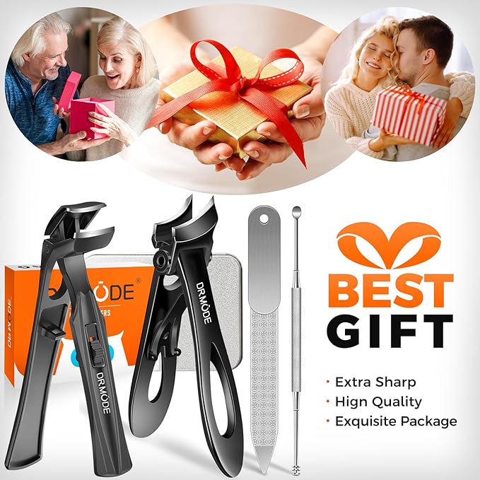 Toenail Clippers for Seniors Thick Toenails, Slanted Large Nail Clippers for Men Thick Ingrown Nails with Wide Opening, Heavy Duty Angled Head Nail Clipper Cutter with Catcher -Black