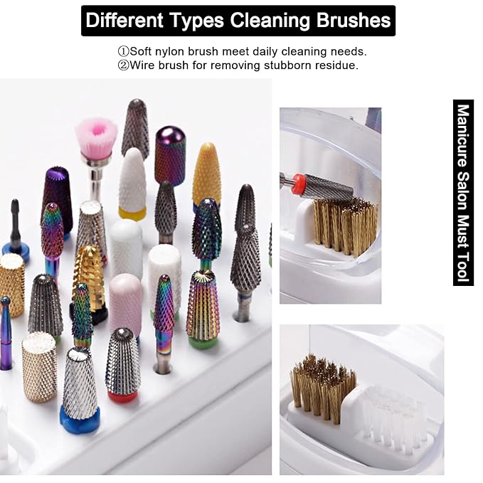 2 In 1 Nail Drill Bits Holder & Cleaning Brush Case,30 Holes Nail Bits Stand Organizer Container,Acrylic Drill Bits Display Storage Box Cleaner for Manicure (Not Include Nail Drill Bits) Black