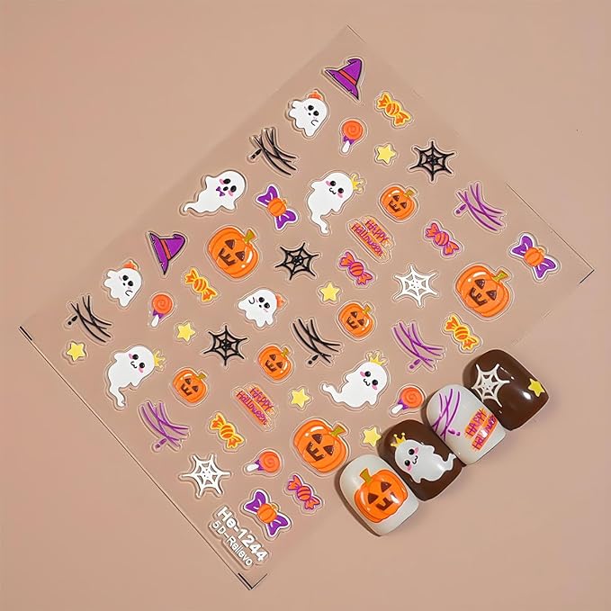 12Pcs Halloween Nail Stickers - 5D Embossed Halloween Nail Decals - Self-Adhesive Hand Bones Skull Spider Web Pumpkin Nail Design Decorations for Halloweens DIY Manicure Supplies