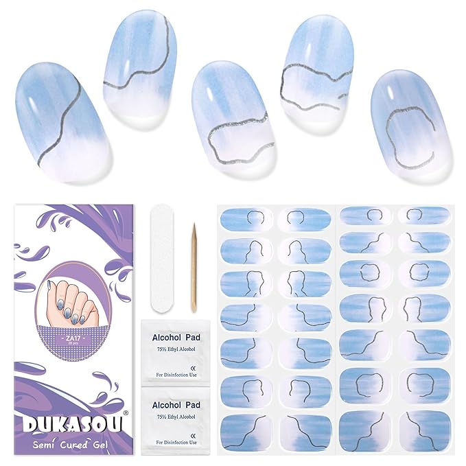Semi Cured Gel Nail Strips, 28 pcs Gel Nail Stickers Work with Any UV Lights, Long-Lasting Nail Wraps, Stick on Nails for women Easy to Apply & Remove