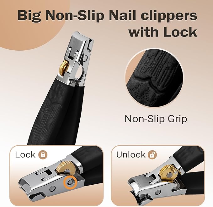 Sharp Nail Clippers for Thick Toenails & Seniors - Heavy Duty Fingernail & Toenail Clipper with Wide Jaw, Anti-Slip Grip, Safety Lock & Splash Guard for Men, Women & Kids