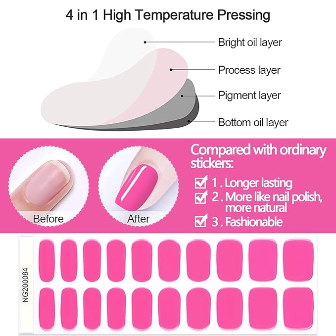 WOKOTO 20 Pcs Hotpink Semi Cured Gel Nail Strips With Nail File & Wooden Stick Nail Polish Strips Gel Nail Stickers Full Nail Wraps For Women Girls Stick On Real Nail Polish Stickers For Nails