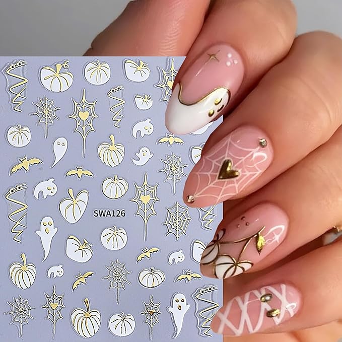 8 Sheets Fall Halloween Nail Stickers for Nail Art Pumpkins Nail Decals 3D Self-Adhesive Autumn Maple Leaf Cute Ghost Pattern Design Sticker Decoration for Women DIY Holiday Party Nails Supplies