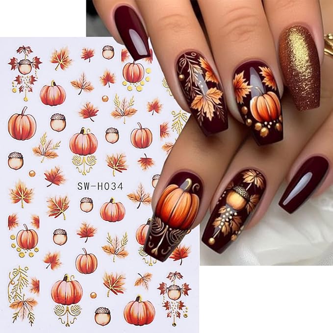 Fall Nail Stickers Thanksgiving Pumpkin Maple Leaf Nail Art Stickers Autumn Glitter Nail Decals Self Adhesive Design Sticker 3D Nail Art Supplies Nails Decoration for Women Manicure Accessories 4Pcs