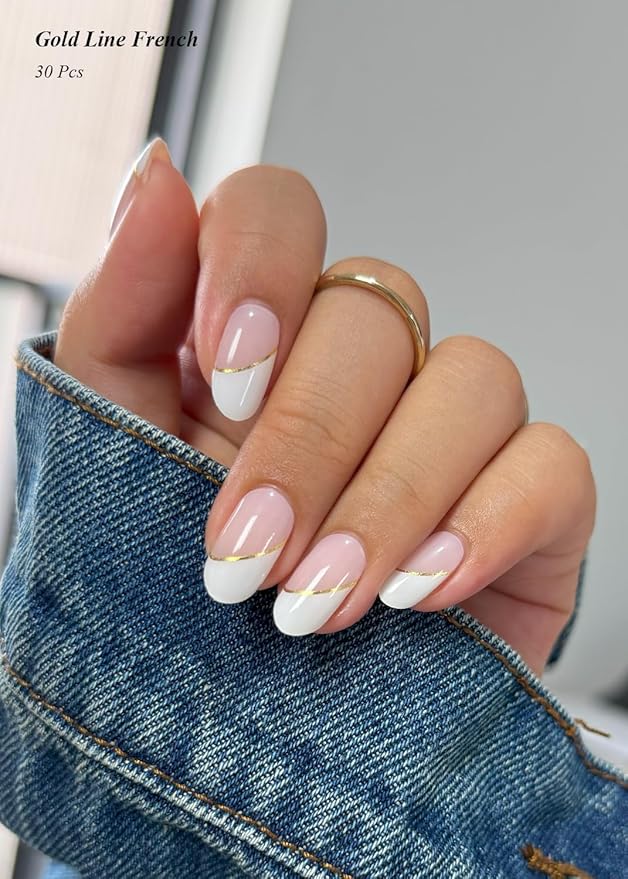 Semi Cured Gel Nail Strips (Gold Line French), White, 30 Pcs Gel Nail Wraps, Stickers, UV Light Required