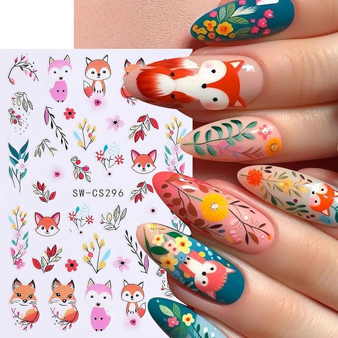 Fall Nail Art Stickers Autumn Leaf Pumpkin Nail Stickers 6PCS 3D Self-Adhesive Foxes Leaves Floral Pumpkin Design Nail Decals Nail Art Supplies Fall Sticker Sliders for Nails DIY Manicure Decorations
