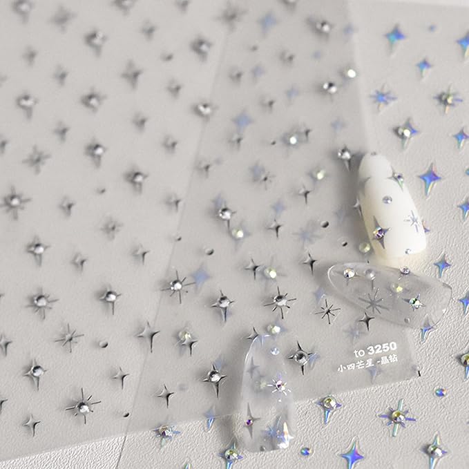 1Sheet Silver Star Nail Decals 5D Embossed Self-Adhesive Diamond Star Nail Sticker Shiny Rhinestones Stars Nail Design Holographic Stars Nails Decoration Mini Nails Supplies for Women Manicure DIY