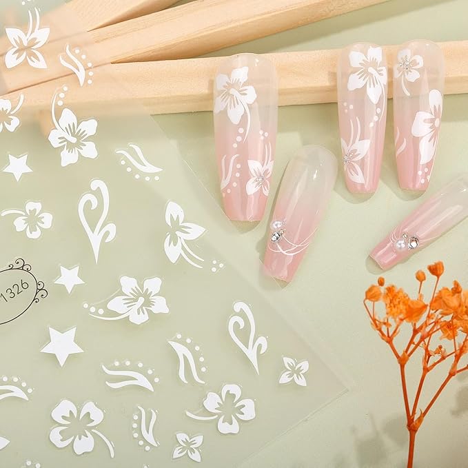 White Flower Nail Stickers for Nail Art, Spring Nail Stickers Decals Self Adhesive Floral Nails Sticker for Women Nails Art Sticker Decoration