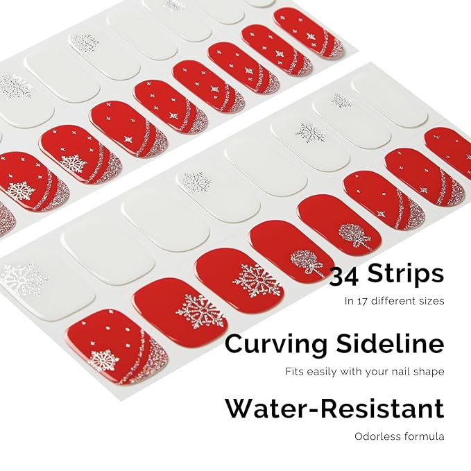 Semi Cured Gel Nail Strips - NAILOG 34 Pcs Gel Nail Stickers for Christmas Day | Buy 2 Get 1 UV Light | Long Lasting Nail Wraps with Glossy Gel Finish Red, Holly Jolly