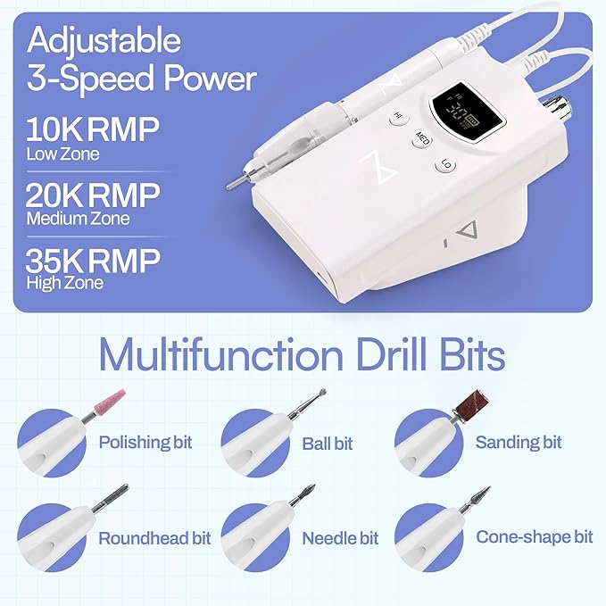 M GEM Brushless Nail Drill 35K RPM | Professional Cordless Efile Machine | Rechargeable Electric Nail File with Bits | Portable Quiet Low Vibration Tool for Acrylic, Gel, Natural Nails (Purple)