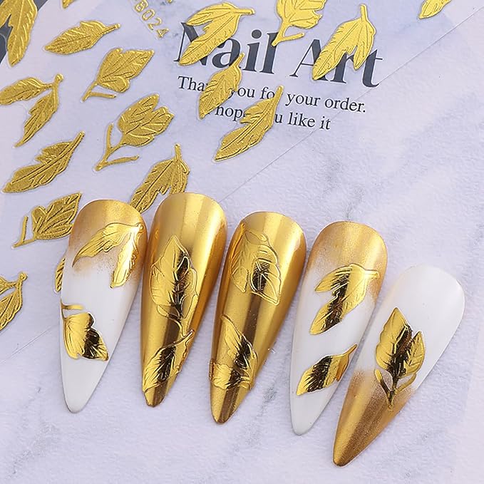 Fall Maple Leaves Nail Art Stickers for Thanksgiving, Gold Maple Leaves Nail Decals 3D Self-Adhesive with Gold Flowers Leaf Design 4Pcs Fall Glitter Nail Art Supplies for Women Nail Decoration