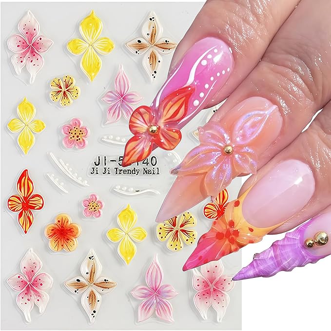 Flower Nail Stickers for Nail Art Hawaiian Flowers Nail Decals 5D Self-Adhesive Embossed Floral Summer Nails Art Design Sticker Beach DIY Acrylic Salon Manicure Decoration Kit for Women
