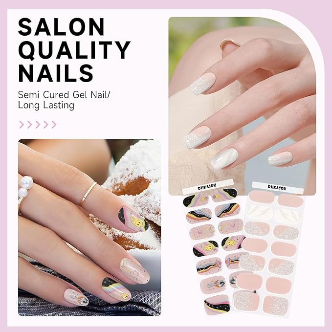 Semi Cured Gel Nail Strips 2 Set, (Creamy Rose,Funny Nude) 56 Pcs Gel Nail Wraps,Stickers Works with Any UV/LED Lamps,Long Lasting,Salon-Quality, Easy to Apply