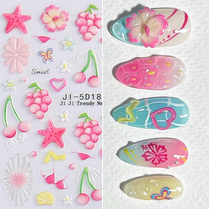 1pcs Summer Nail Stickers for Nail Art Embossed Nail Decals 5D Flowers Dolphins Starfish Shell Jellyfish Mermaid Tail Design Butterfly Lemon Nail Stickers Ocean Beach Acrylic Nail for Women