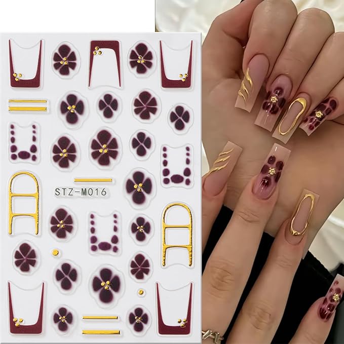 2 Pcs Leopard Print Nail Stickers Fall Decals for Nial Art French Nail Art Design 5D Embossed Brown Flower Nail Supplies Golden Circle Nail Art Accessories for Women Autumn DIY Manicure Decoration