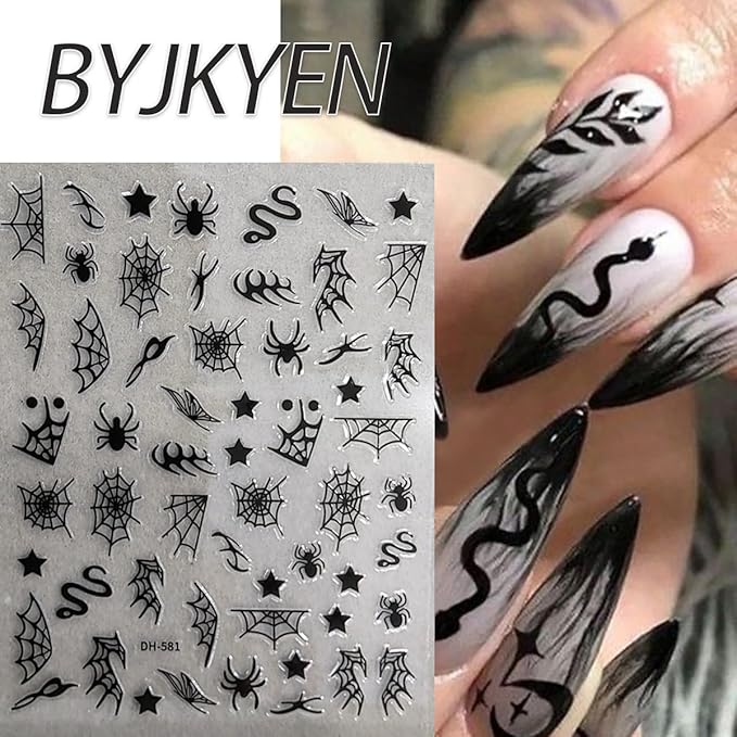 Spider Web & Snake Nail Art Stickers - Halloween Decals, Black & White, Gold & Silver, Self-Adhesive, 8Pcs