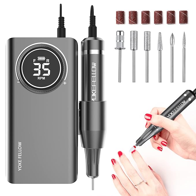 YOKE FELLOW Nail Drill Machine - 35000RPM Electric Nail File Nail Drills for Acrylic Nails Professional with 6 Drill Bits for Manicure Pedicure Home DIY Salon Use