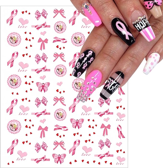 Breast Cancer Nail Art Stickers 3D Self-Adhesive Pink Ribbon Nail Stickers Heart Breast Cancer Awareness Design Nail Decals Stickers for Women Girls DIY Manicure Decoration 8Sheets