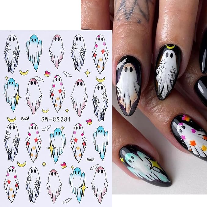 Halloween Nail Art Stickers Decals Ghost Pumpkin Halloween Design Nail Decals 3D Self-Adhesive Nail Art Supplies 6PCS Mushroom Ghost Moon Pumpkin Nails Deign Stickers for Women DIY Nail Decorations