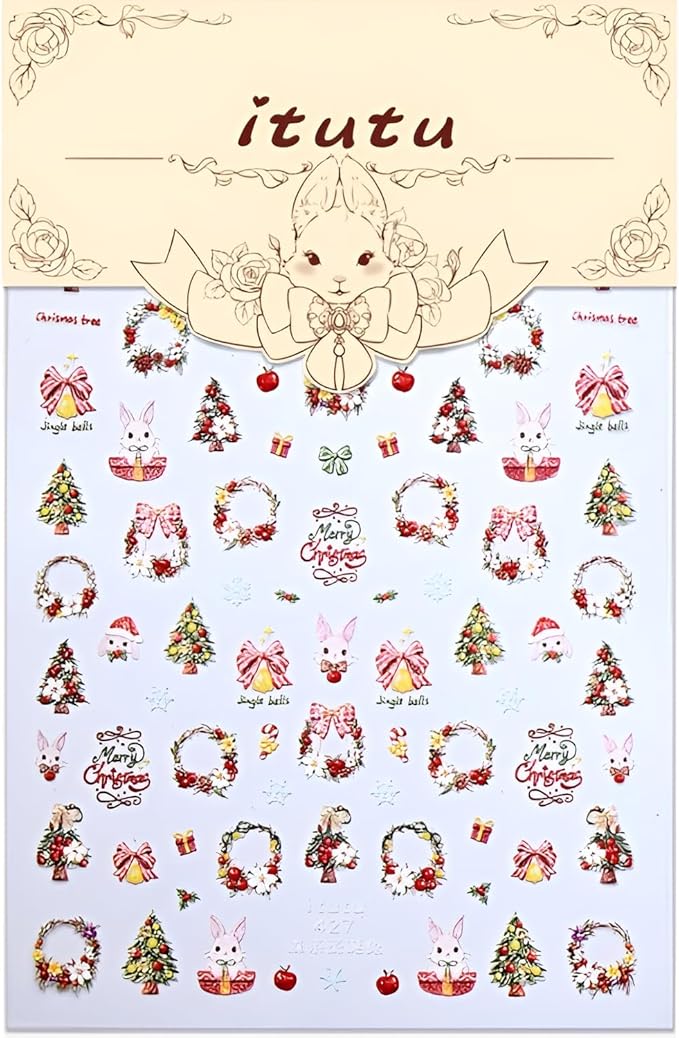 Christmas Nail Stickers for Nails Art Gold Nail Stickers Christmas Tree 5D Self-Adhesive Bow Nail Decals Winter Nails Art Cute Rabbit Nails Design Decoration Accessories for Women and Girls