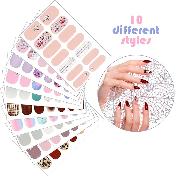 140 Pcs 10 Sheets Full Wrap Nail Stickers Polish Strips Gradient Stickers Glitter Self Adhesive DIY Art Decals Strips with 2 Pcs Nail Files for Holiday Decor (Shiny Style)