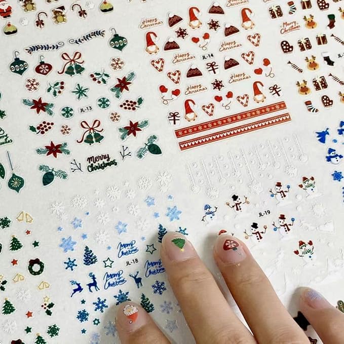 30 Sheets Christmas Nail Art Stickers 3D Self- Adhesive Snowflake Nail Charms Decals White Red Christmas Nail Decorations Accessories Supplies