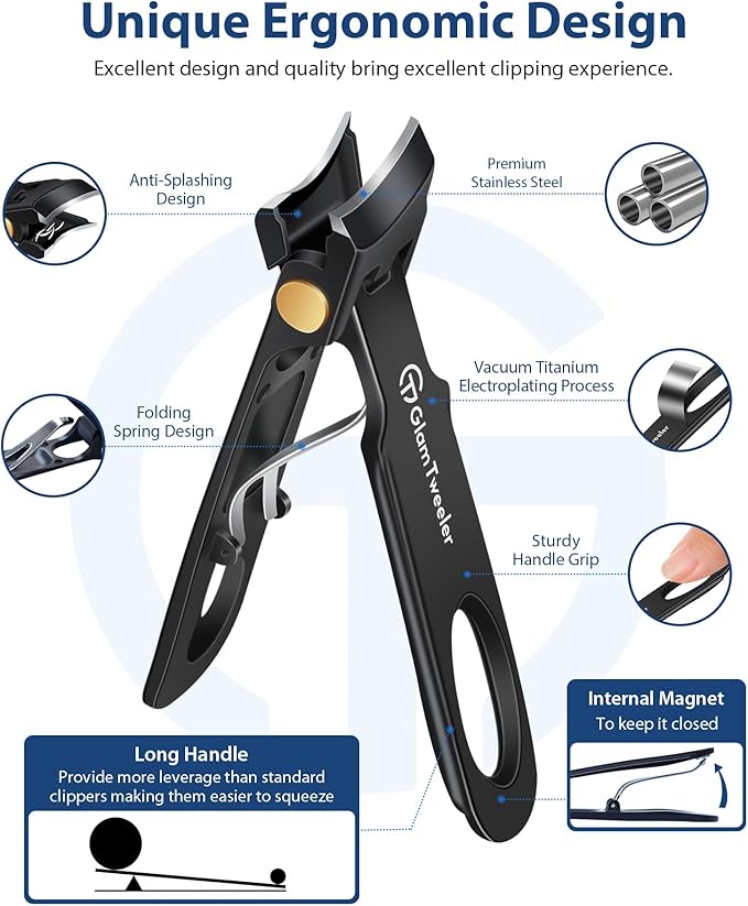 Anti-Splash Wide Jaw Opening Nail Clippers - GlamTweeler Ultra Sharp Extra Large Wide Opening Fingernail and Toenail Clipper with Glass Nail File (Black_Slanted)