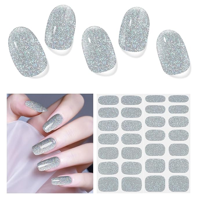 Semi Cured Gel Nail Strips,28 PCS Nail Art Stickers(Shiny Silver),Gel Stickers for Nails UV Light, Nail Polish Strips Includes Prep Pads, Nail File & Wood Stick