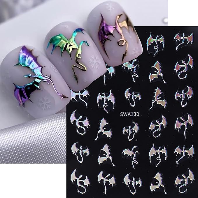 Halloween Nail Art Stickers Decals Metal Dragon Nail Decals Self-Adhesive Shiny Gold Silver Black Laser Dragon Nail Art Design Sticker Festival Fall Nail Stickers for DIY Manicure Decorations 4PCS