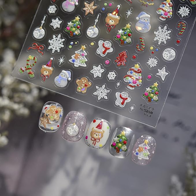 Christmas Nail Art Stickers Xmas Tree Snowman Self-Adhesive Xmas Nail Decals Nail Art Supplies 1PCS Shell Light Lantern Ball Star Gingerbread Man 5D Embossed Christmas Stickers for Nails Decoration