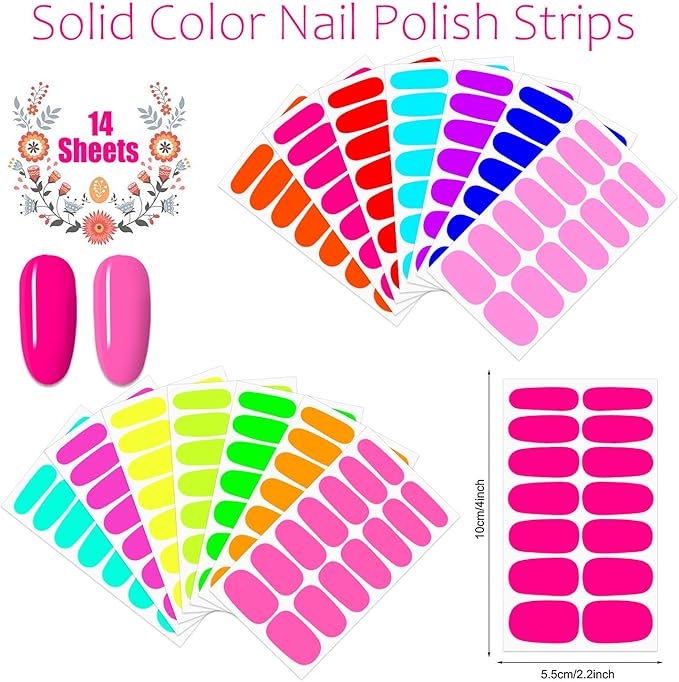 JERCLITY 196 Pieces 14 Sheets Fluorescence Solid Color Nail Polish Strips Vibrant Color Nail Wraps for Short Nails Nail Decals Self-Adhesive Nail Stickers Full Nail Wraps for Women Girls Nail Art