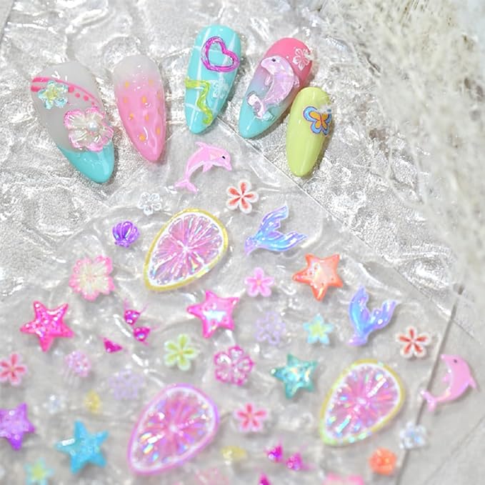 Summer Nail Stickers Ocean Shell Jellyfish Mermaid Nail Art Stickers 5D Embossed Nails Design Flowers Fruit Grapefruit Starfish Nail Decal for Women DIY Nail Decorations 1Sheets