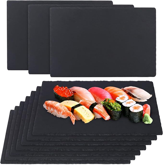 10 Pack 12 x 8 Inch Slate Cheese Boards, Black Rectangle Slate Charcuterie Boards, Natural Charcuterie Stone Plates for Parties, Gifts, and Special Events, Cheese, Sushi, Food.