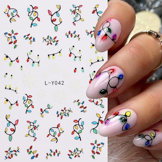 6PCS Christmas Nail Art Stickers Decals Gnome Santa Claus Nail Decals 3D Self-Adhesive Luminous Nail Stickers Christmas Tree Holly Light String Nails Designs Xmas Nails Supplies for Women Manicure