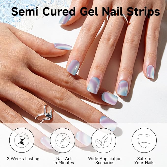 Semi Cured Gel Nail Strips (Multicolor), 28pcs Gel Nail Stickers, Work with Any UV Lamps, Long-Lasting NailWraps for Women Gifts, Easy to Apply & Remove, Includes Prep Pads & Wooden Stick