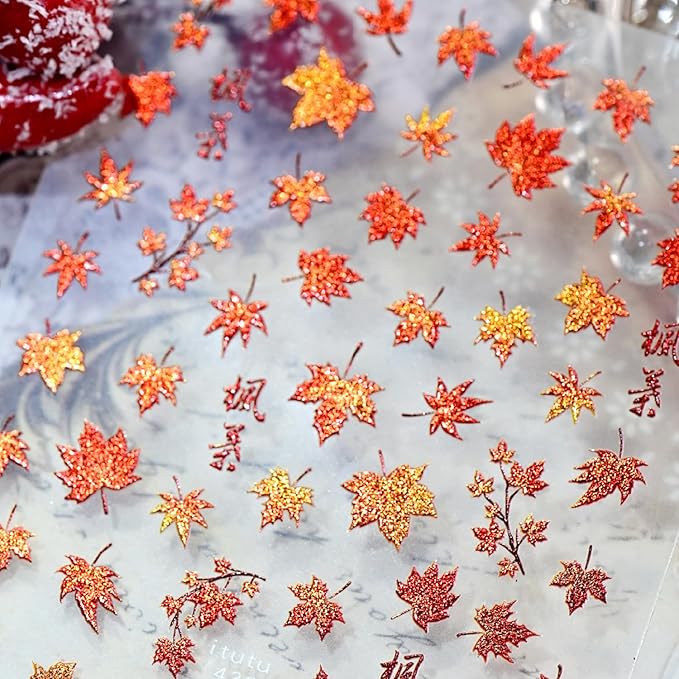 1 Sheets Fall Nail Stickers for Nail Art 5D Embossed Autumn Maple Leaves Nail Art Stickers with Red Maple Leaf Glitter Design Thanksgiving Nail Decals Nail Supplies Manicure Accessories for Women DIY