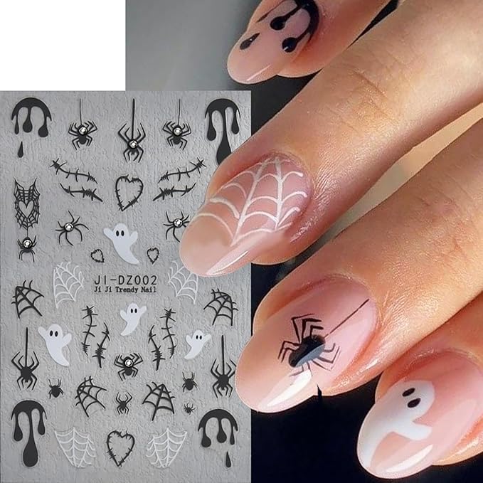 Halloween Nail Stickers for Nail Art - 6 Sheets Pink White Ghost Spider Web 3D Self-Adhesive Design With Rhinestones Charms