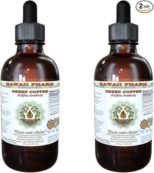 Green Coffee Alcohol-Free Liquid Extract, Green Coffee (Coffea Arabica) Dried Bean Glycerite Hawaii Pharm Natural Herbal Supplement 2x4 oz