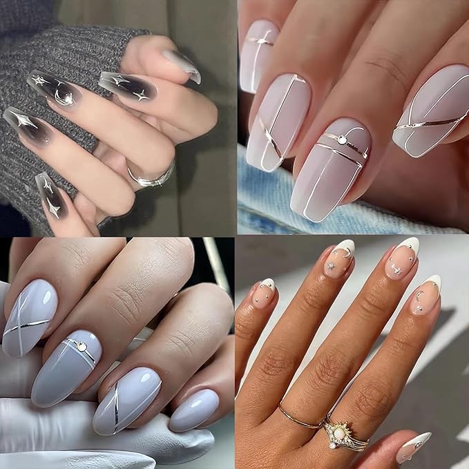 90 Sheets Silver Nail Art Stickers Holographic Laser Silver Nail Decals 3D Self Adhesive Nail Stickers for Nail Art Designs Star Line Flower Nails Supplies for Women Nail Decoration with Nail Tweezer