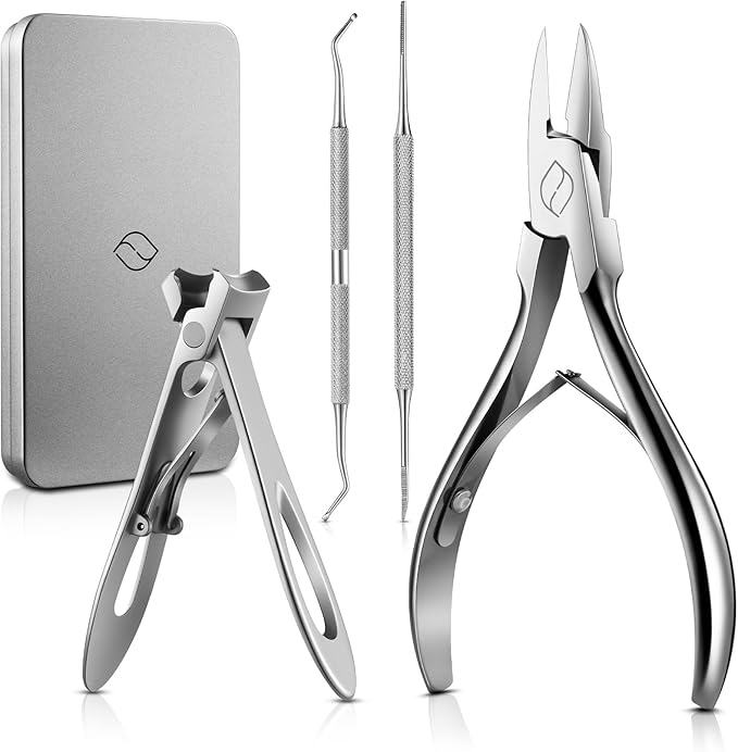 FERYES 4PCS Ingrown Toenail Kit – Toenail Clippers for Thick and Ingrown Toenails, Toe Nail Clipper with Thick Toenail File and Toenail Lifter - Complete Toenail Care Set for Men and Women, Silver