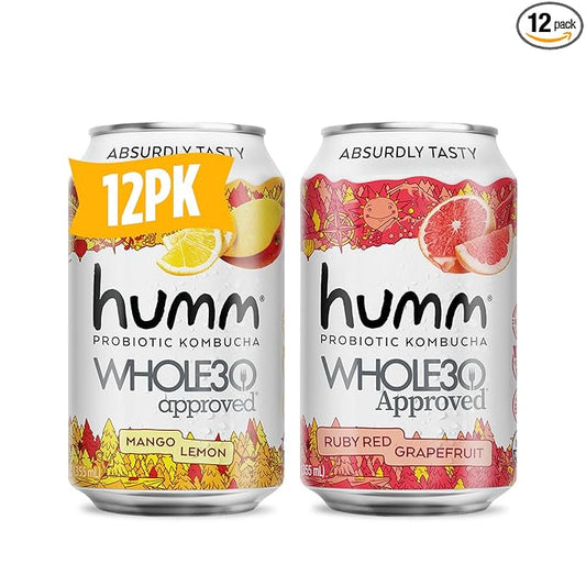 Humm Whole30 Approved Kombucha Citrus Variety Pack, Ruby Red Grapefruit, Mango Lemon, Organic, Vegan & GMO Free (12 Pack)